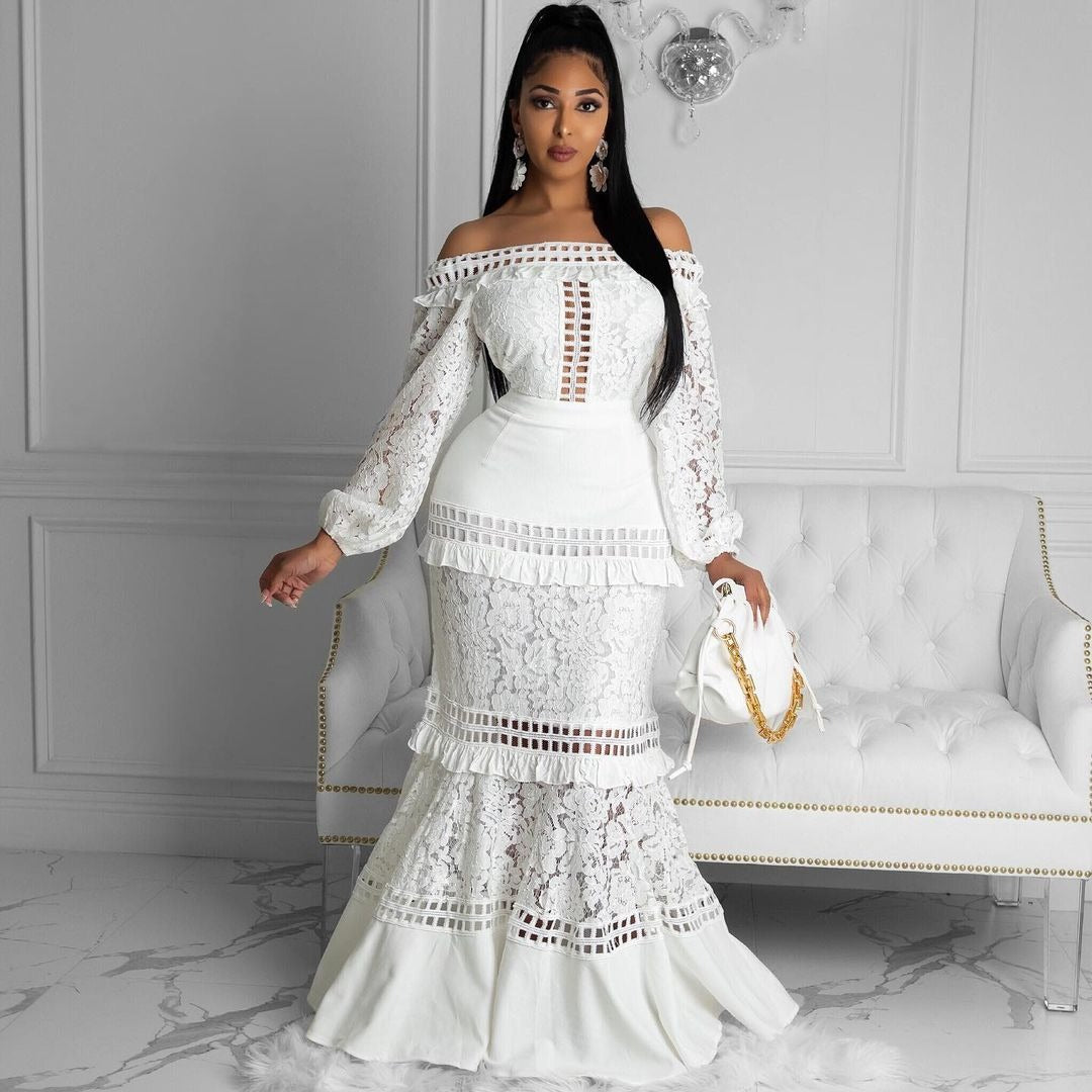 Spring Summer Lace off Shoulder Lotus Leaf Party Cocktail Dress