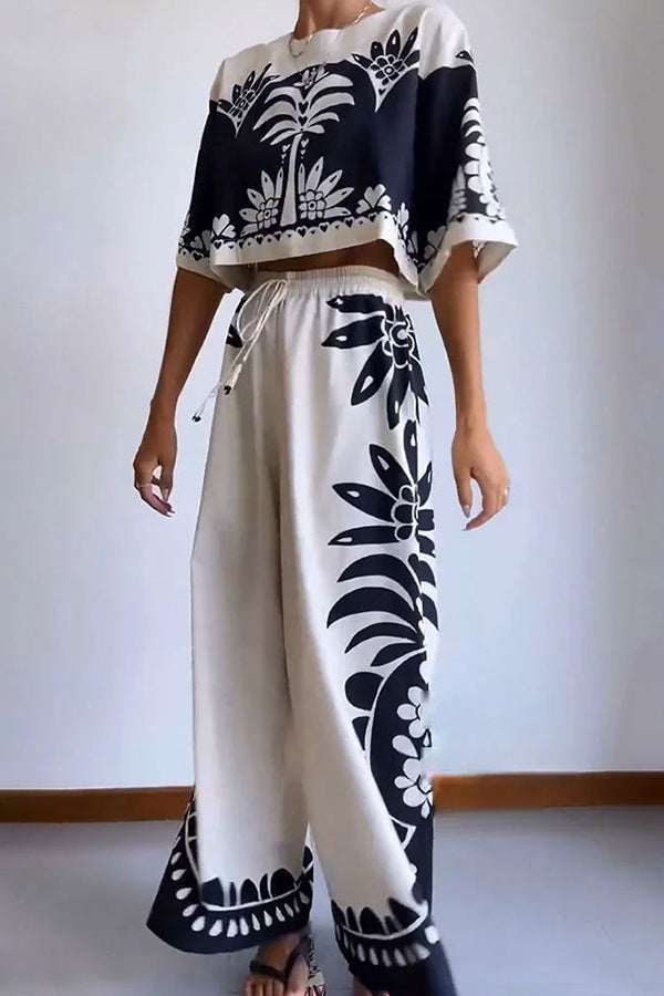 Tropical Island Loose Short Sleeve Top and Wide Leg Pants Set