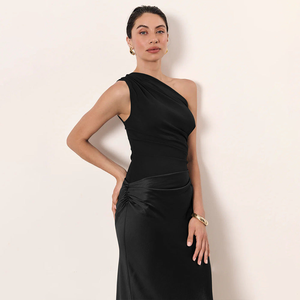 One-Shoulder Ruched Satin Bias Column Maxi Dress 8