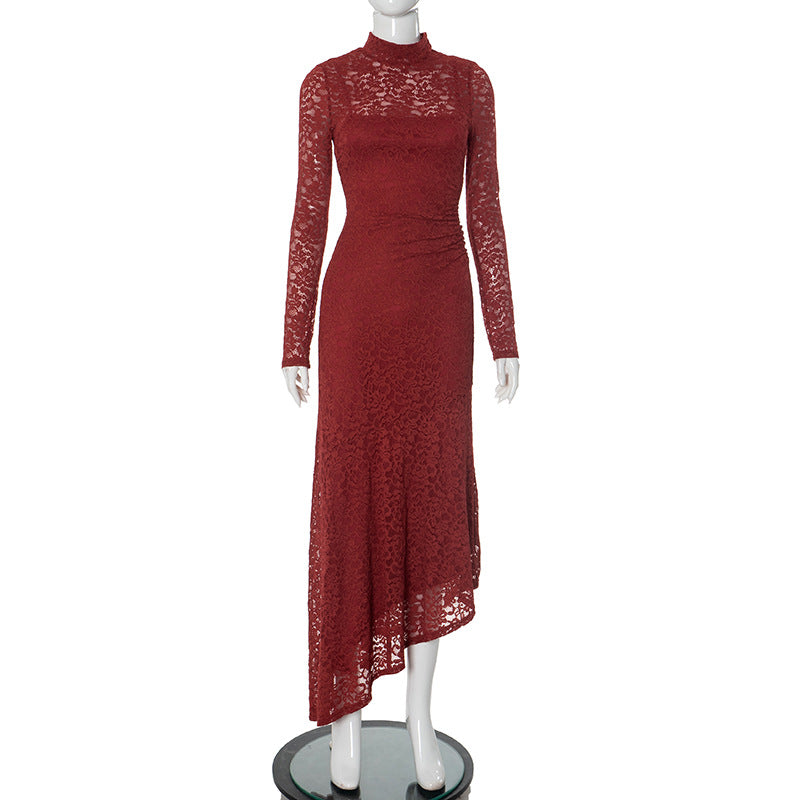Lace Stitching Pleated Slim Fit Long Sleeve Oblique Strap Inner Dress - View 3