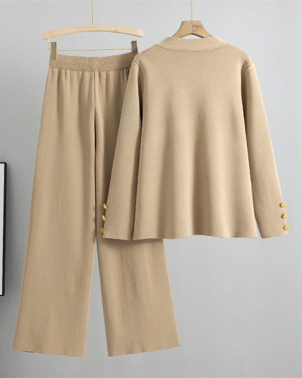 Chic Gold Knitted Sweater and Wide-Leg Pants Two-Piece Set