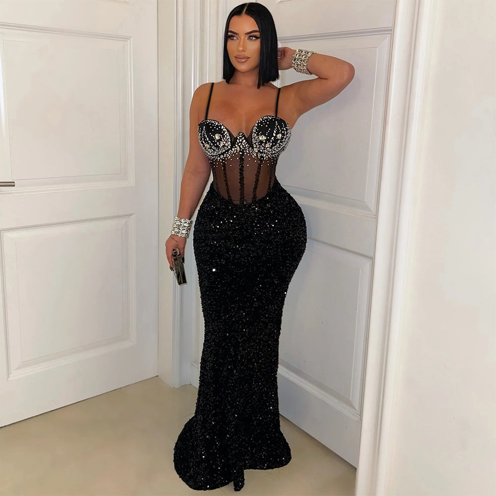 Spaghetti Strap Crystal Corset Sequin Mermaid Maxi Gown - View 3