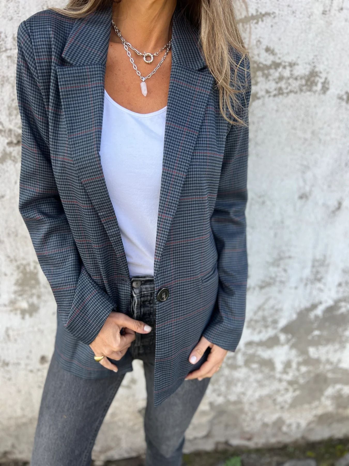 Elegant Houndstooth Single Button Blazer with Pockets