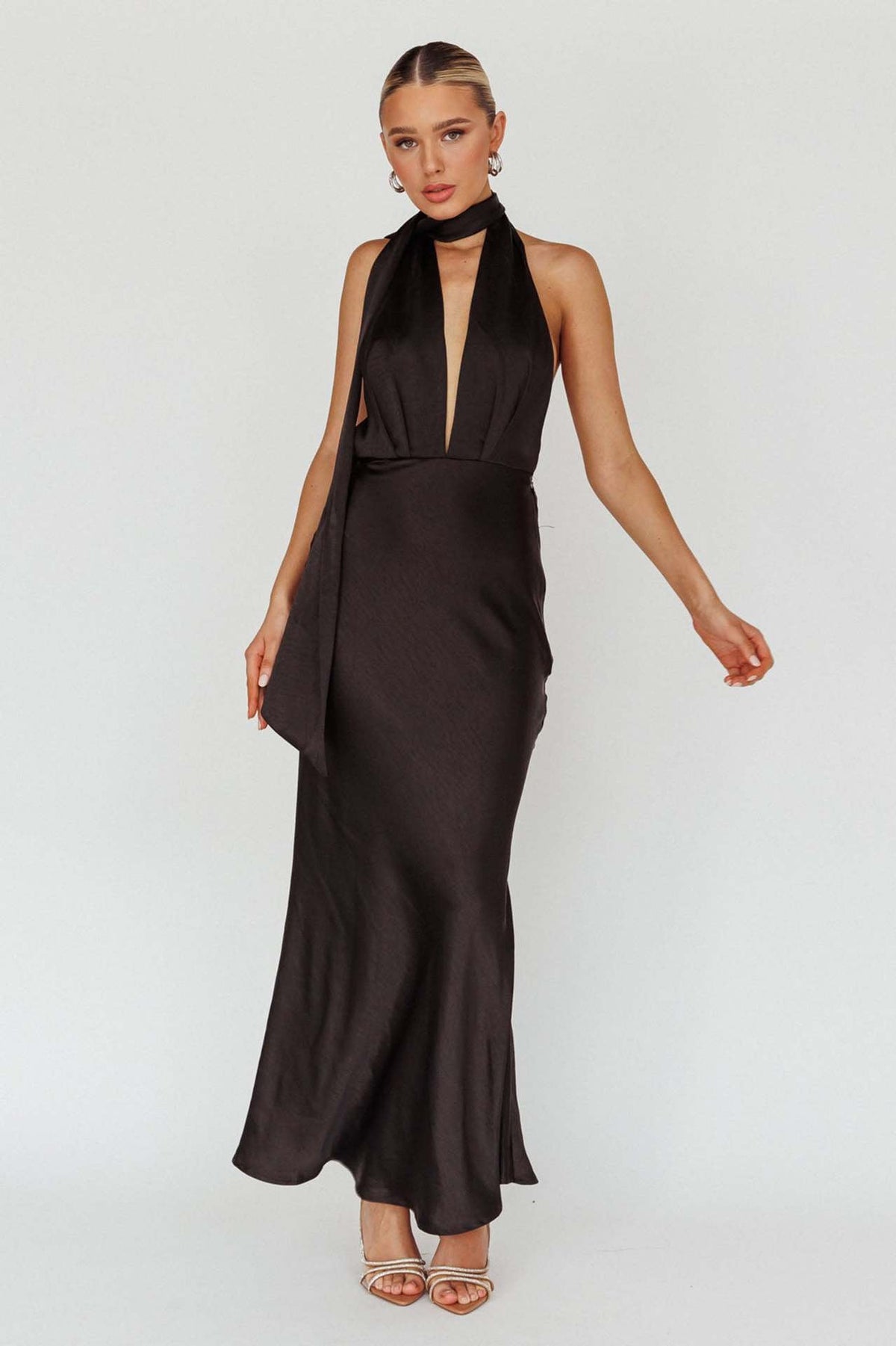 Satin Plunge Halter Scarf-Tie Backless Maxi Gown