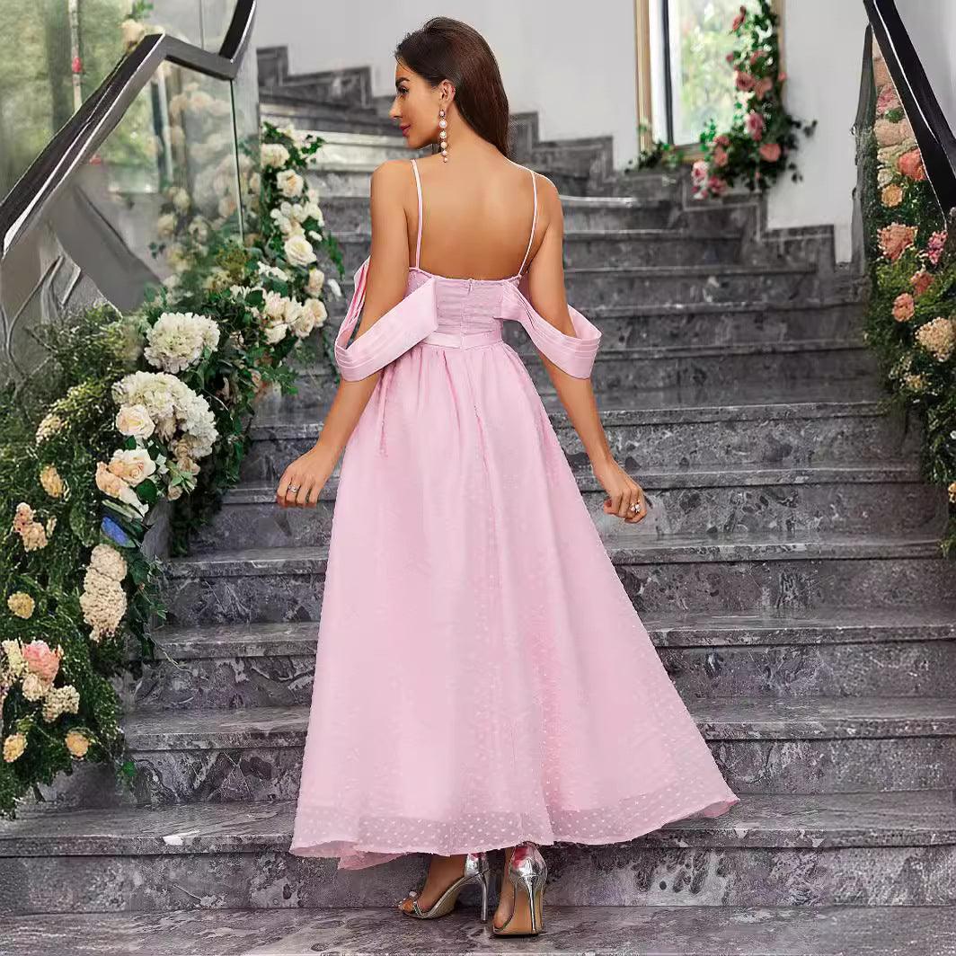Swiss Dot Sweetheart Bustier Off Shoulder Drape A-Line Maxi Gown - View 2