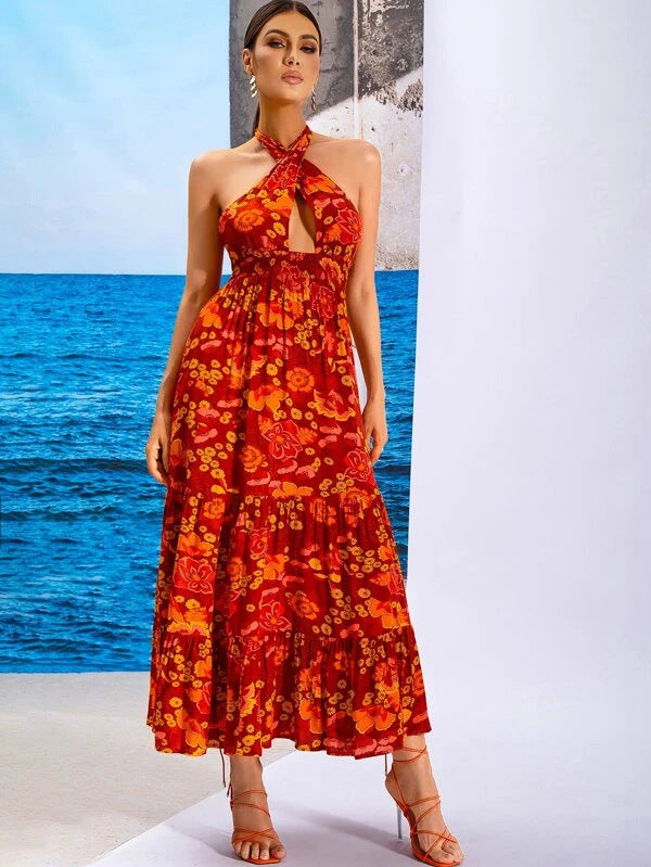 Plum Floral Backless Halter Mini Dress