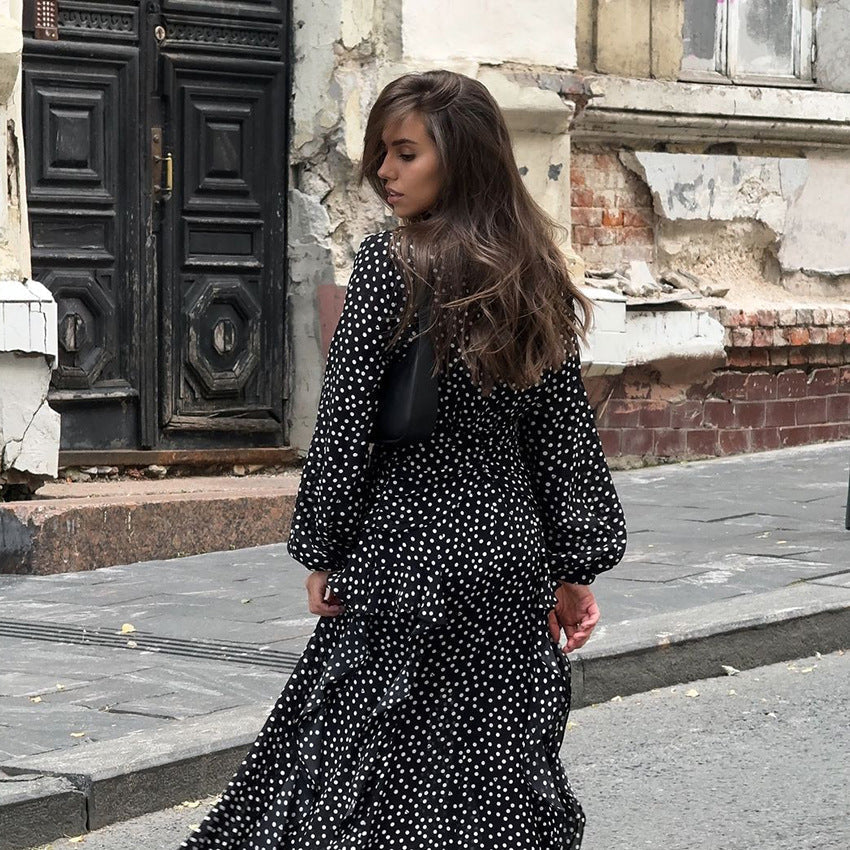 Retro V neck Puff Sleeve Polka Dot All Matching Long Sleeve Ruffled Elegant Slim Fit Slimming - Fashionpara