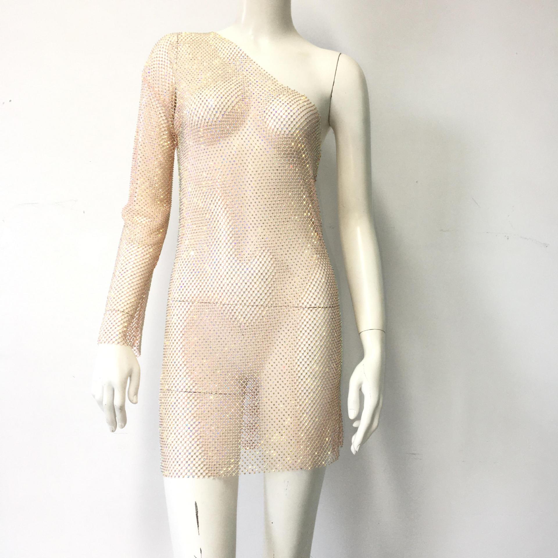 Wear Elastic Mesh Drilling Sloping Shoulder Dress Party Dress for - Fashionpara