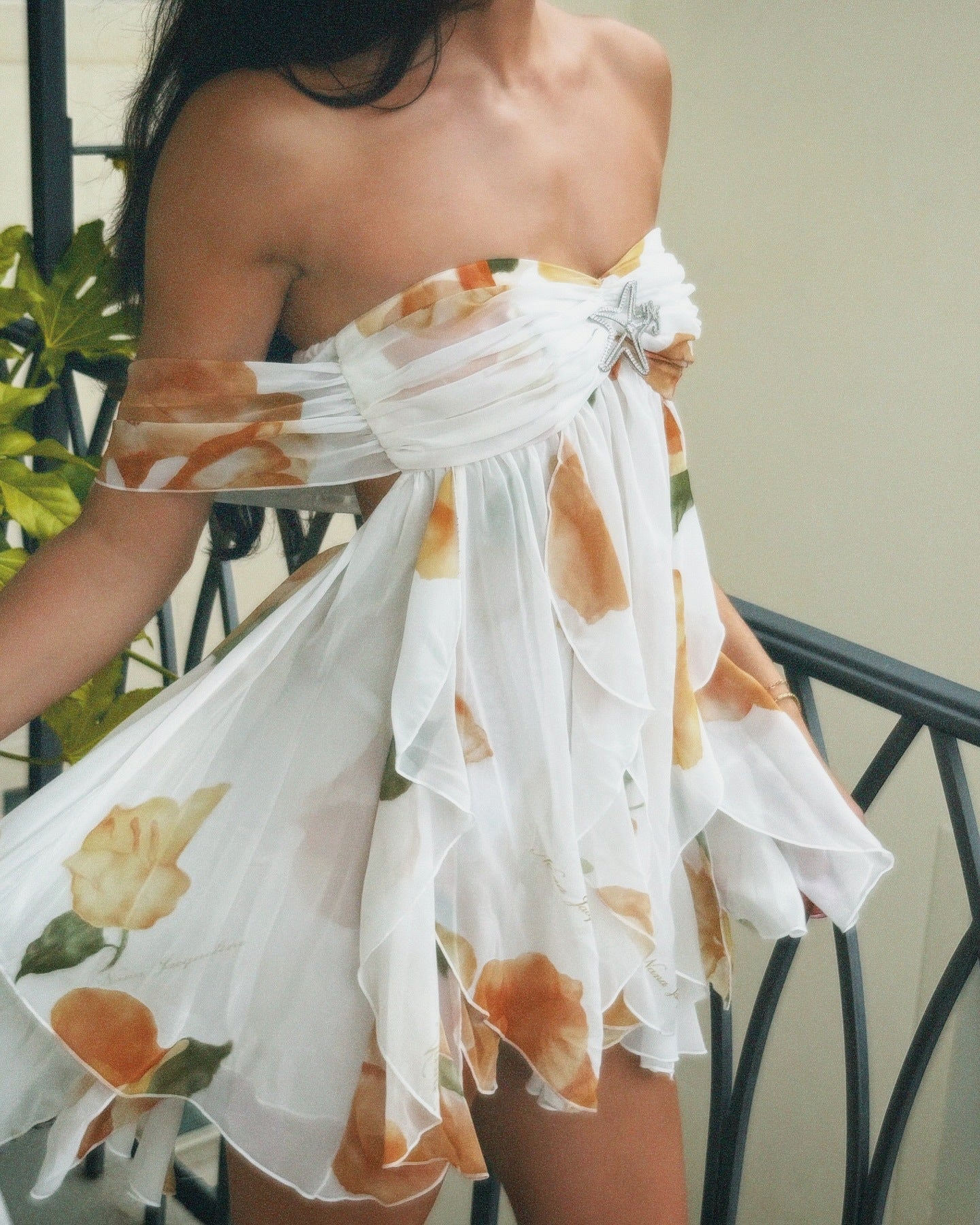 Chiffon Printed French Strapless Celebrity Fairy Dress