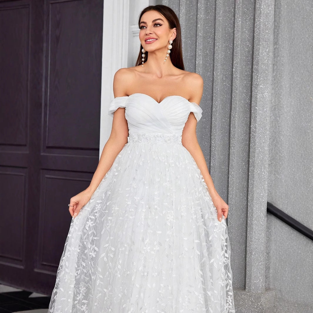 Off Shoulder Evening Dress Elegant Graceful Simple Dress Outdoor Travel Photography Light Wedding Dress