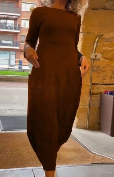 Round Neck Long Sleeve Pocket Cocoon Midi Dress 7