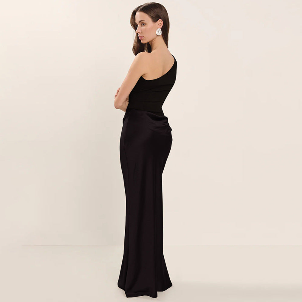 One-Shoulder Ruched Satin Bias Column Maxi Dress 6