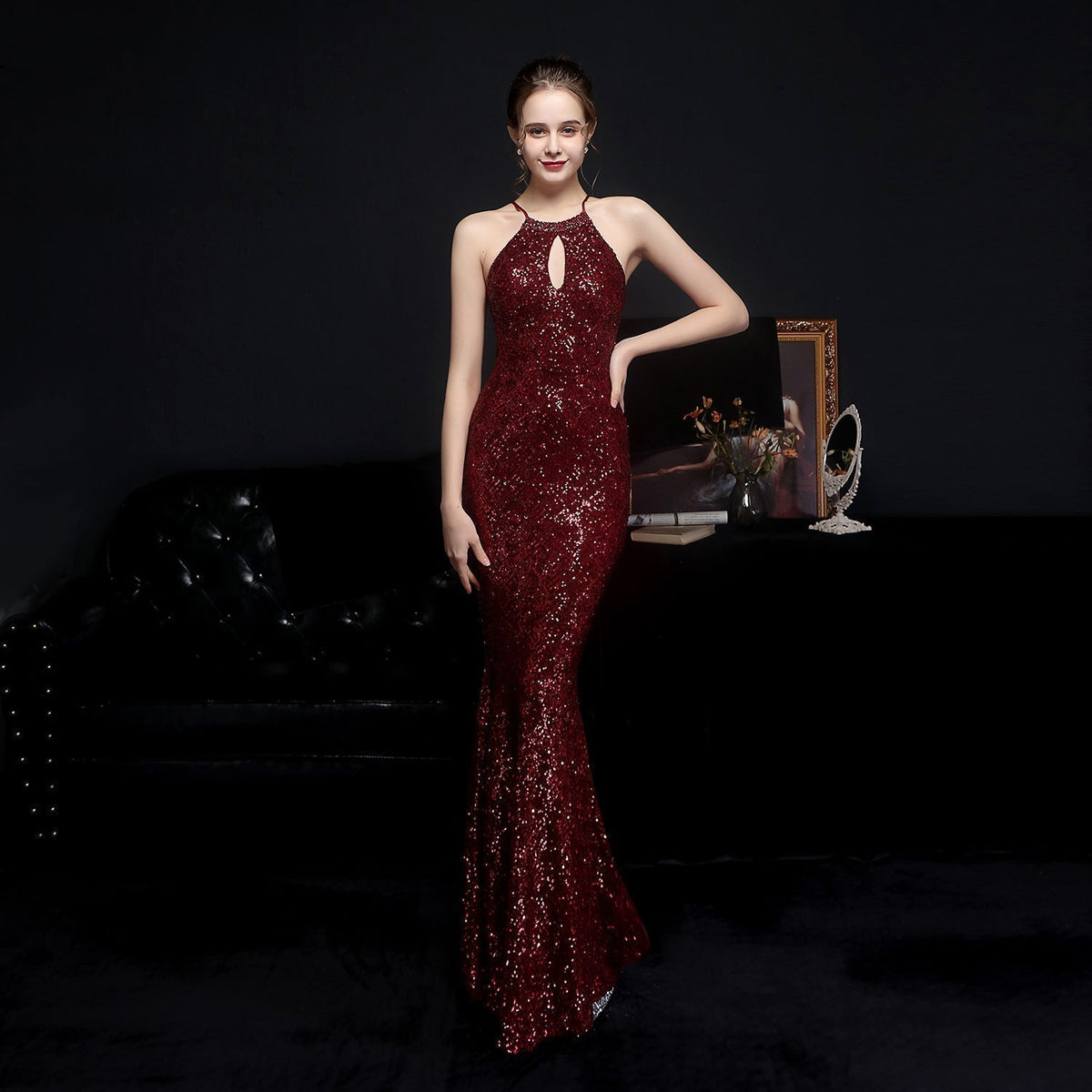 Halter Neck Keyhole Beaded Sequin Mermaid Gown - View 10