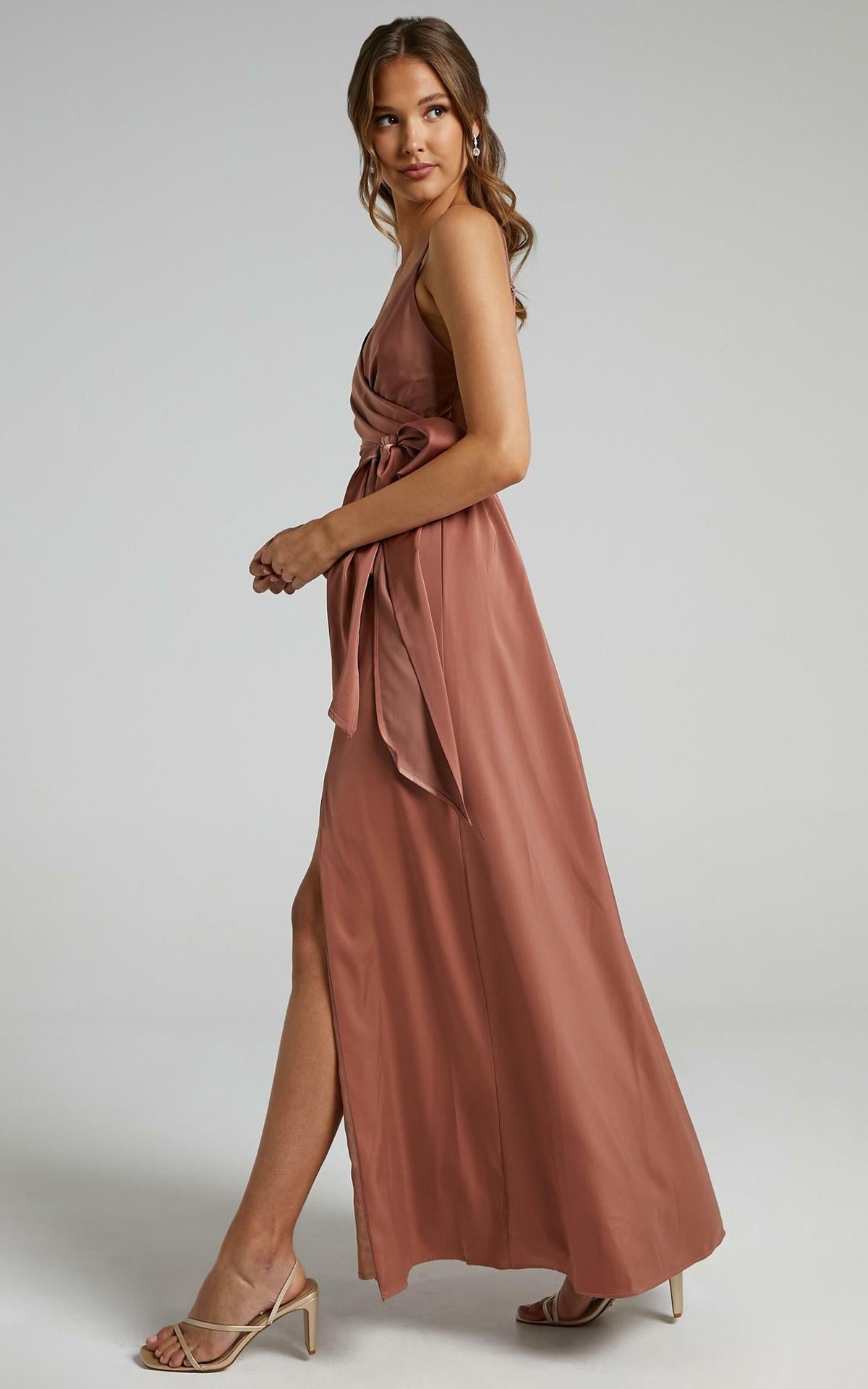 Satin V-Neck Spaghetti Strap Wrap Tie Maxi Dress 8