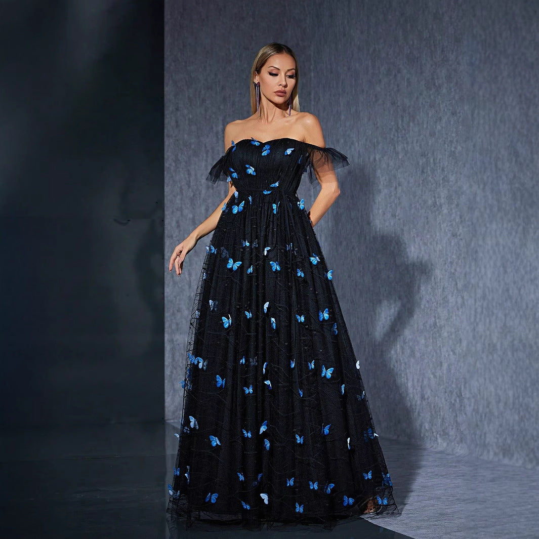 Black off Shoulder Dress Butterfly Embroidered Mesh Niche Cocktail Party Evening Dress - Fashionpara