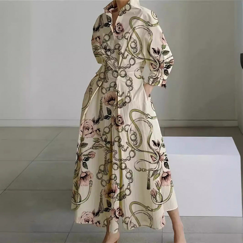 Newspaper Print Collared Long Sleeve Belted Pleated Maxi Shirt Dress 3