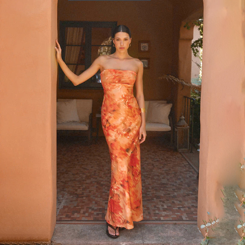 Watercolor Print Strapless Empire Column Maxi Dress 4