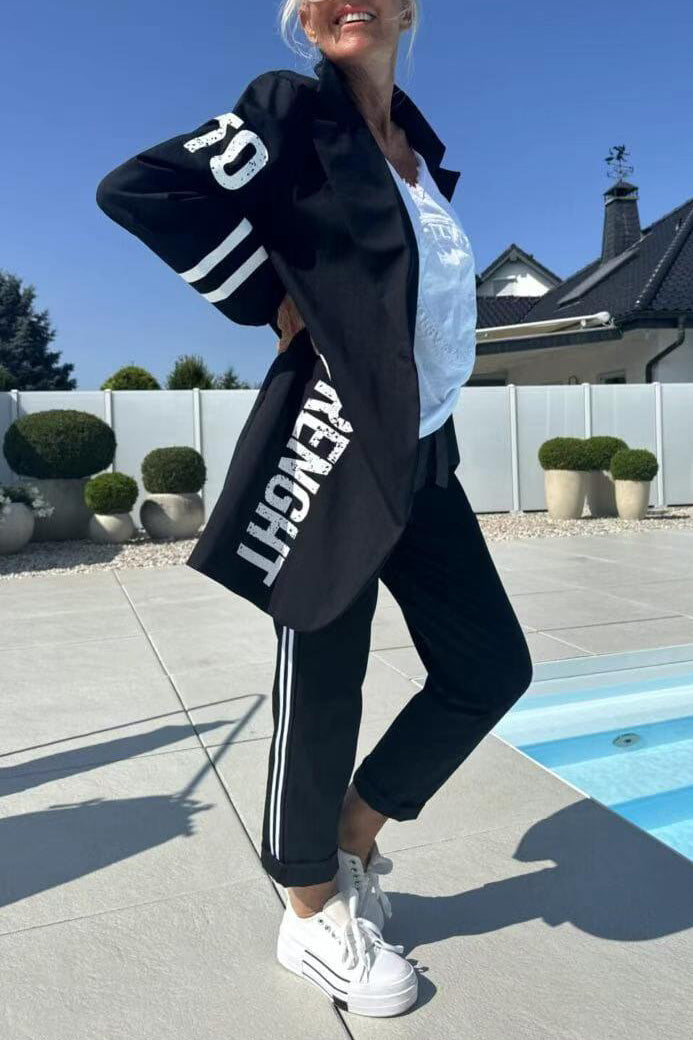 Mid-Length Letter-Printed Trench Coat and Trouser Set