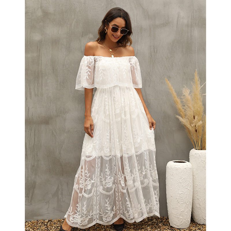 Embroidered Lace Off Shoulder Tiered Maxi Dress