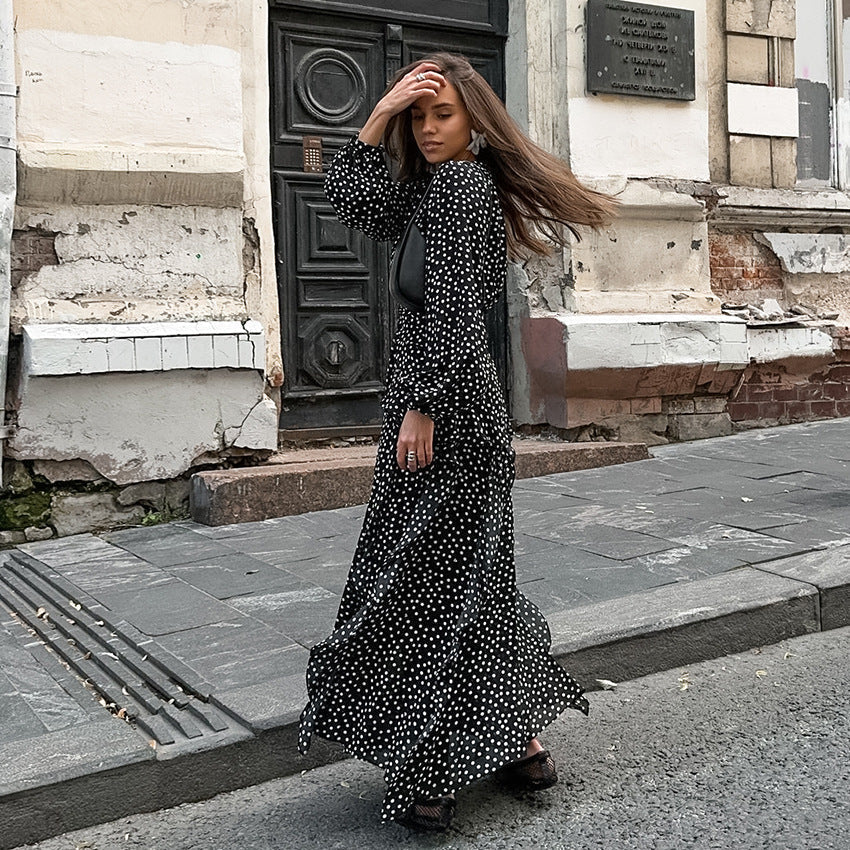 Retro V neck Puff Sleeve Polka Dot All Matching Long Sleeve Ruffled Elegant Slim Fit Slimming - Fashionpara