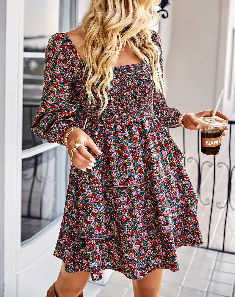 Floral Print Square Neck Puff Sleeve Tiered Mini Dress
