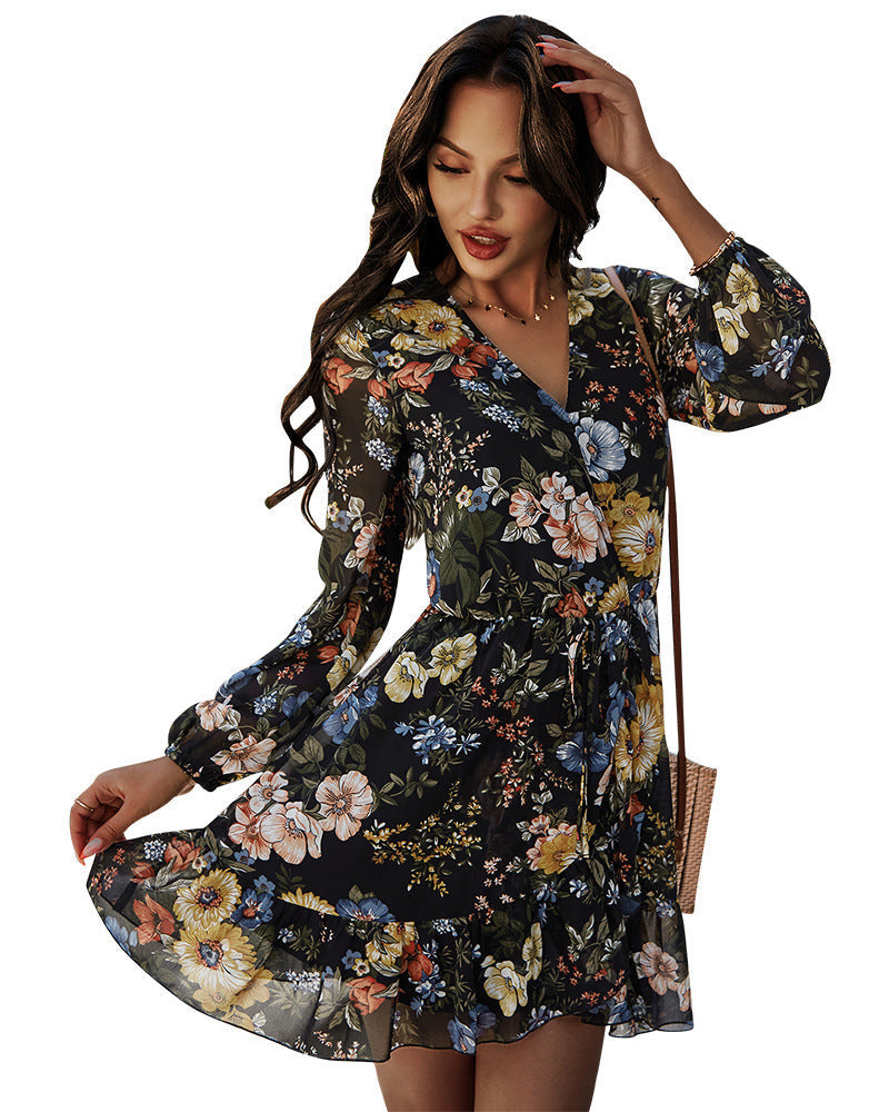 Floral Print V-Neck Long Sleeve Wrap Ruffle Mini Dress 3