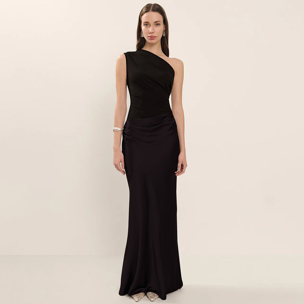 One-Shoulder Ruched Satin Bias Column Maxi Dress 2