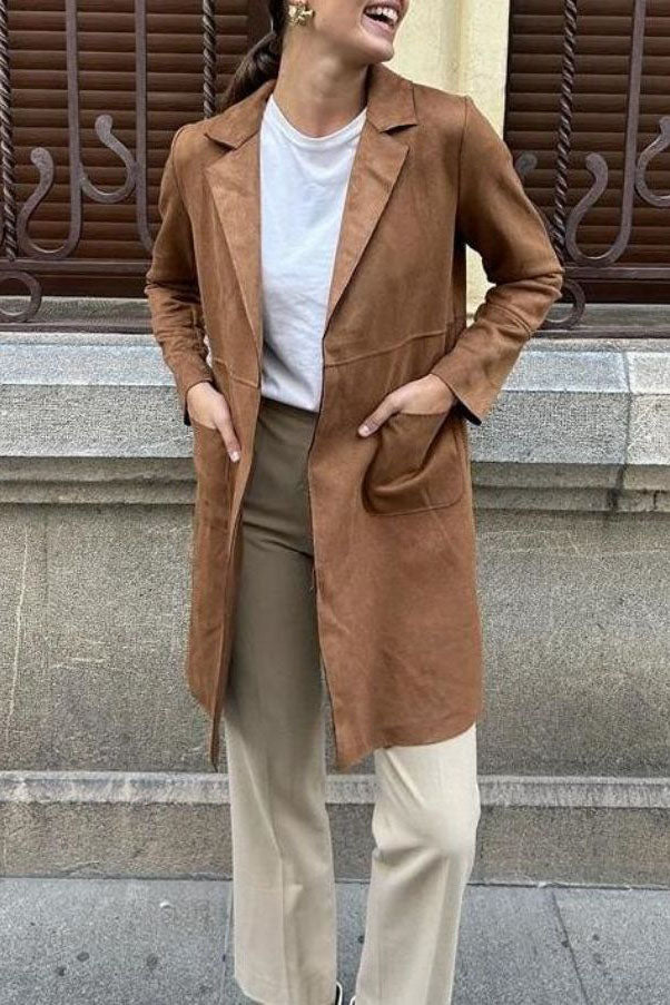 Chic Medium-Length Suede Trench Coat for Stylish Comfort