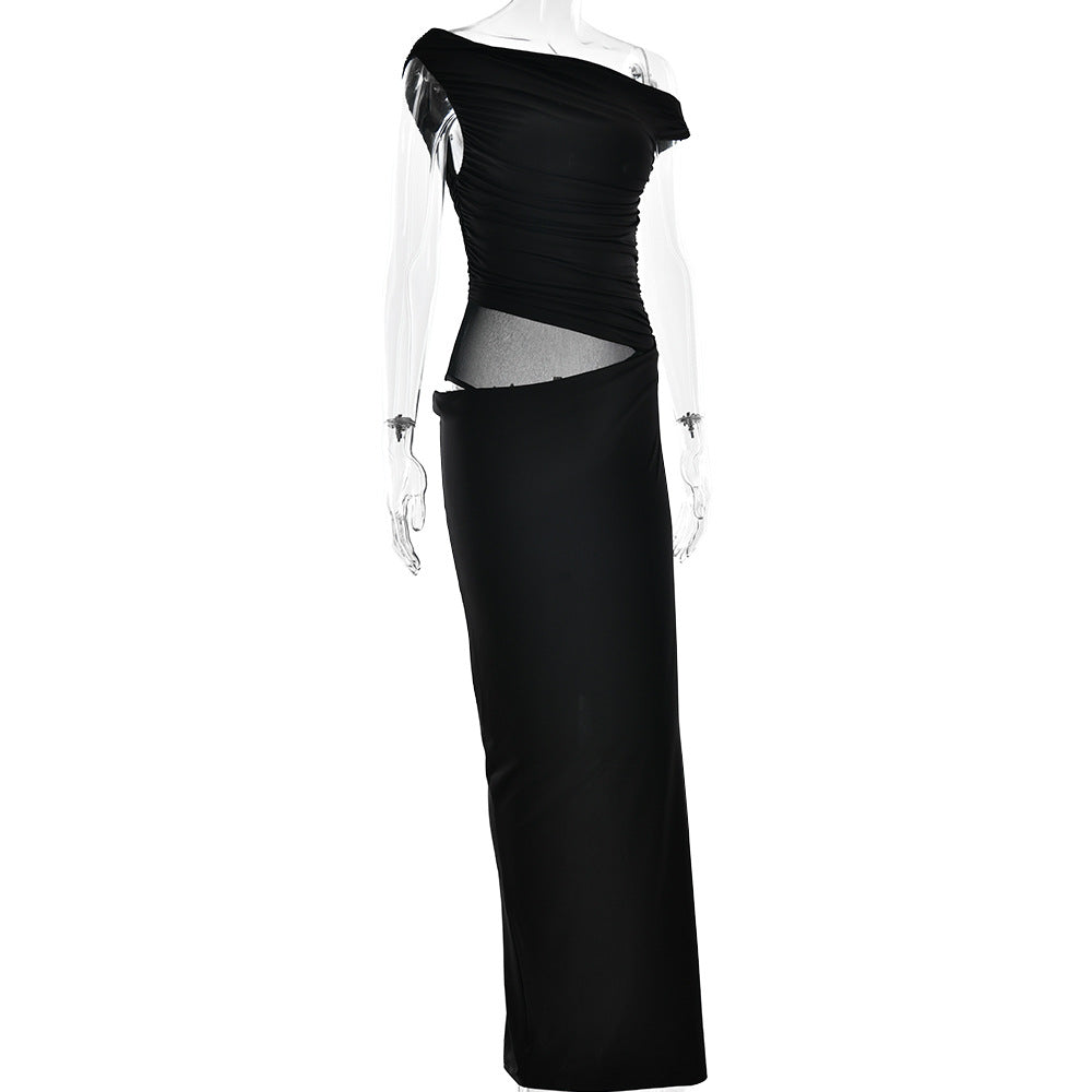 One-Shoulder Ruched Mesh-Cutout Column Maxi Gown 7