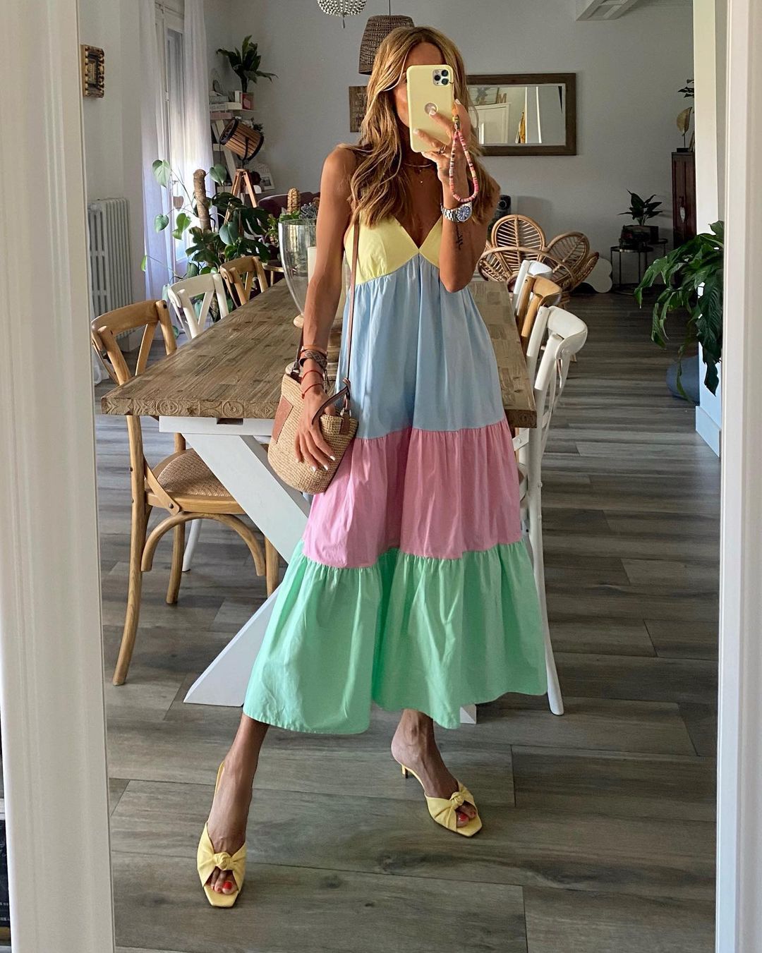 Tiered Panelled V-Neck Spaghetti Strap Maxi Dress