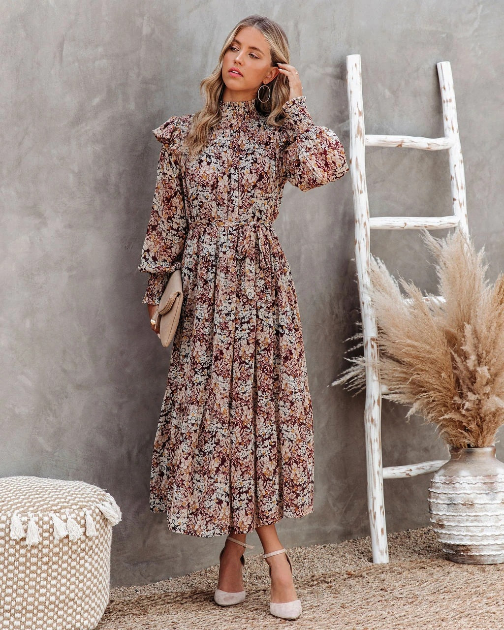 Floral Print High Neck Long Sleeve Tiered Midi Dress