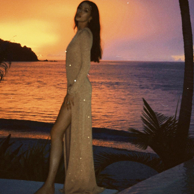 Glitter Long-Sleeve High-Split Bodycon Maxi Dress 3