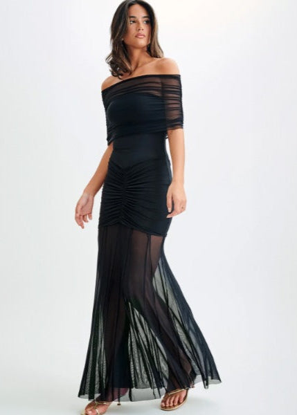 Off Shoulder Ruched Mesh Bust Panel Pleated Mesh Overlay Maxi Gown - View 4