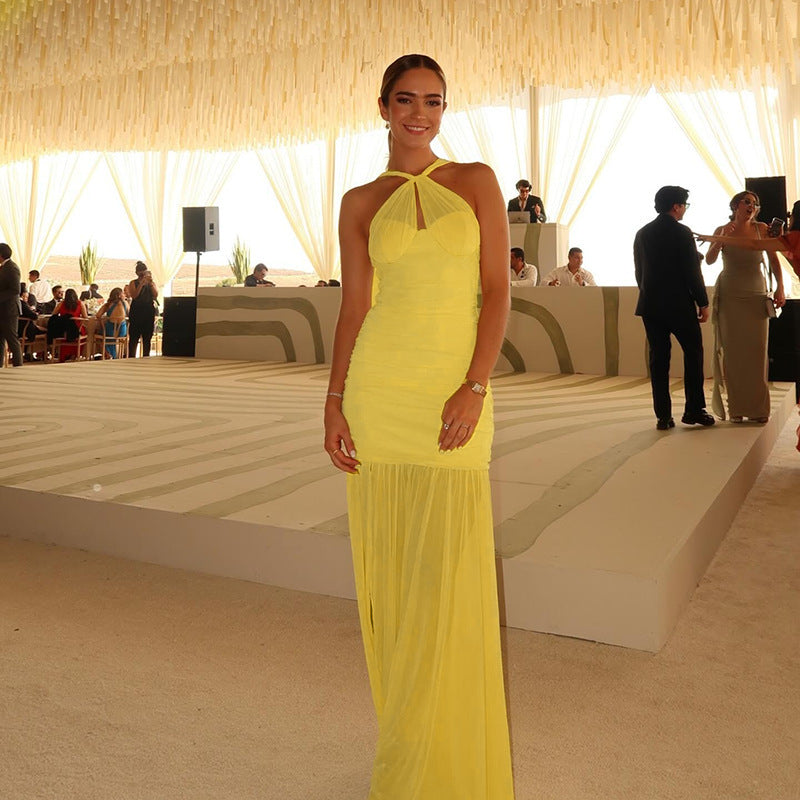 Halter Neck Twist-Front Ruched Mermaid Maxi Gown