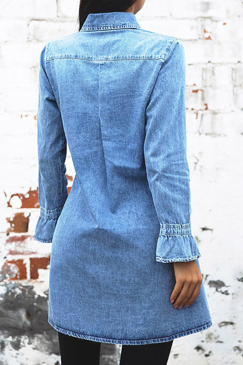 Long sleeve slim fit lapel denim dress Fashionpara