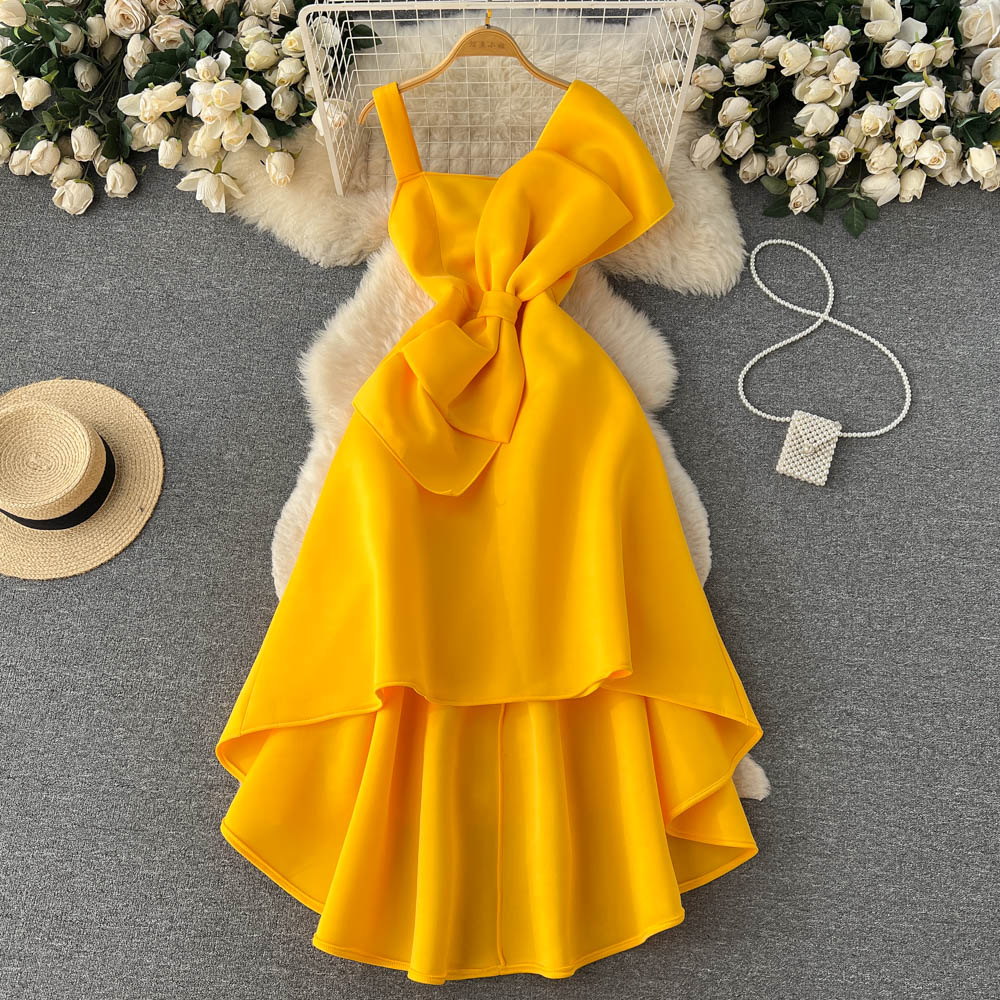 Sexy High Low Spaghetti Straps Bowknot Dress Women Evening Dress