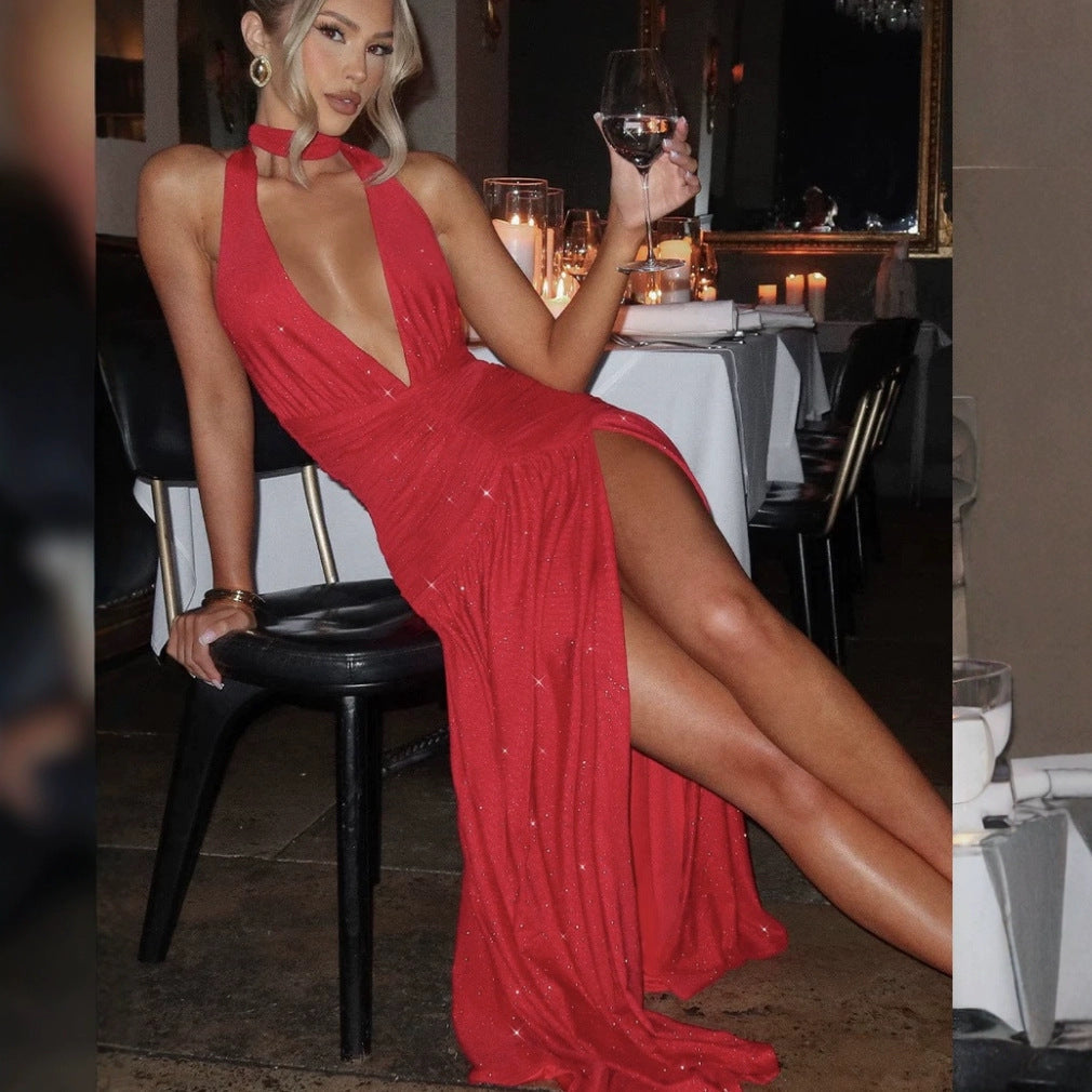 Deep V-Neck Halter Ruched High Split Glitter Maxi Dress - View 2