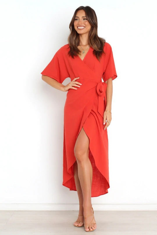 Wrap V-Neck Kimono Sleeve High-Low Midi Dress