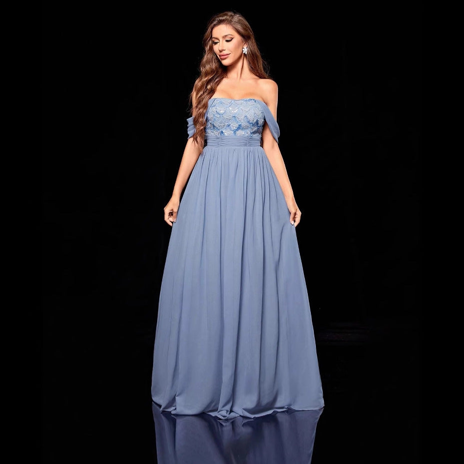 Off Shoulder Lace Bodice Pleated Chiffon A-Line Maxi Dress - View 2