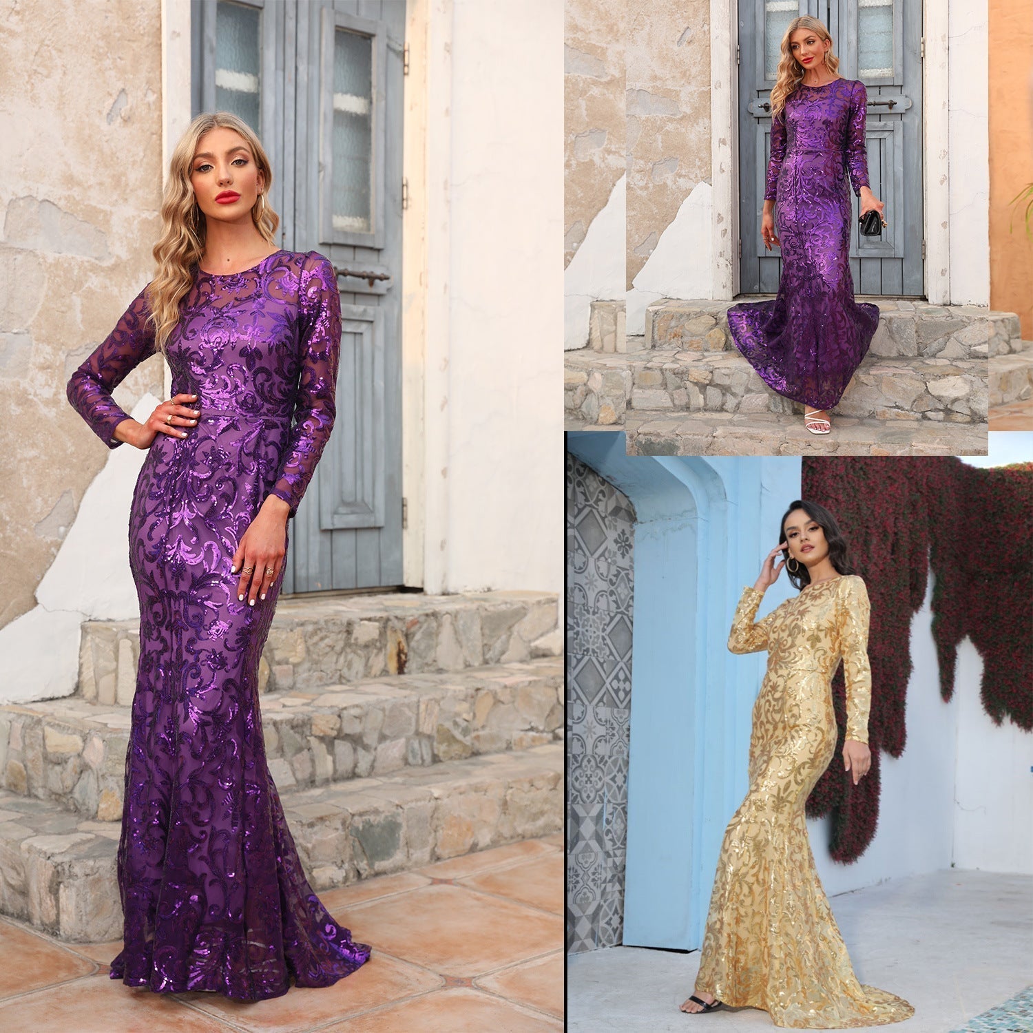 Sequined Dress Purple Crew-Neck Long Evening Dress Long Sleeve Dress - Fashionpara