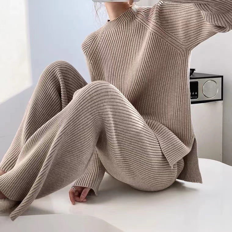 Elegant Casual Split Knit Sweater Wide-Leg Suit - Fashionpara