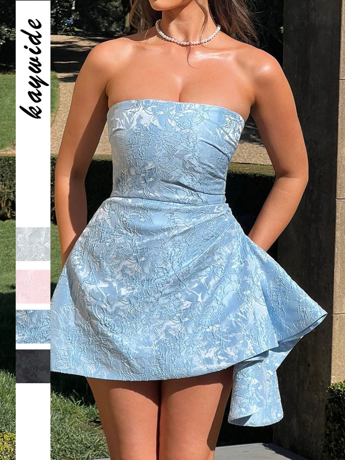 Floral Jacquard Strapless Ruched Asymmetric Drape Mini Dress 6