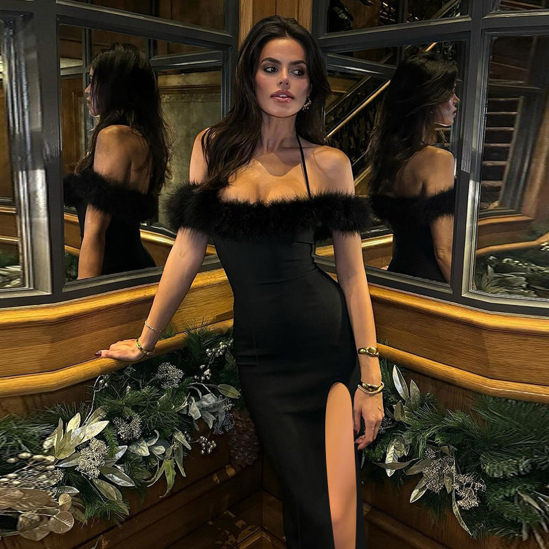 Off-Shoulder Feather-Trim Halter High-Slit Bodycon Maxi Dress