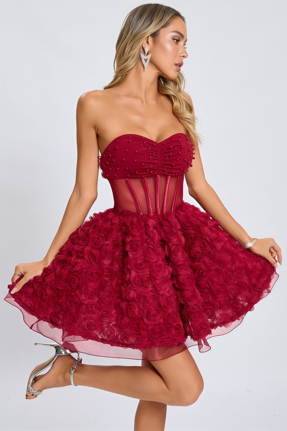 Beaded Strapless Corset 3D Rose Tulle Mini Dress - View 7