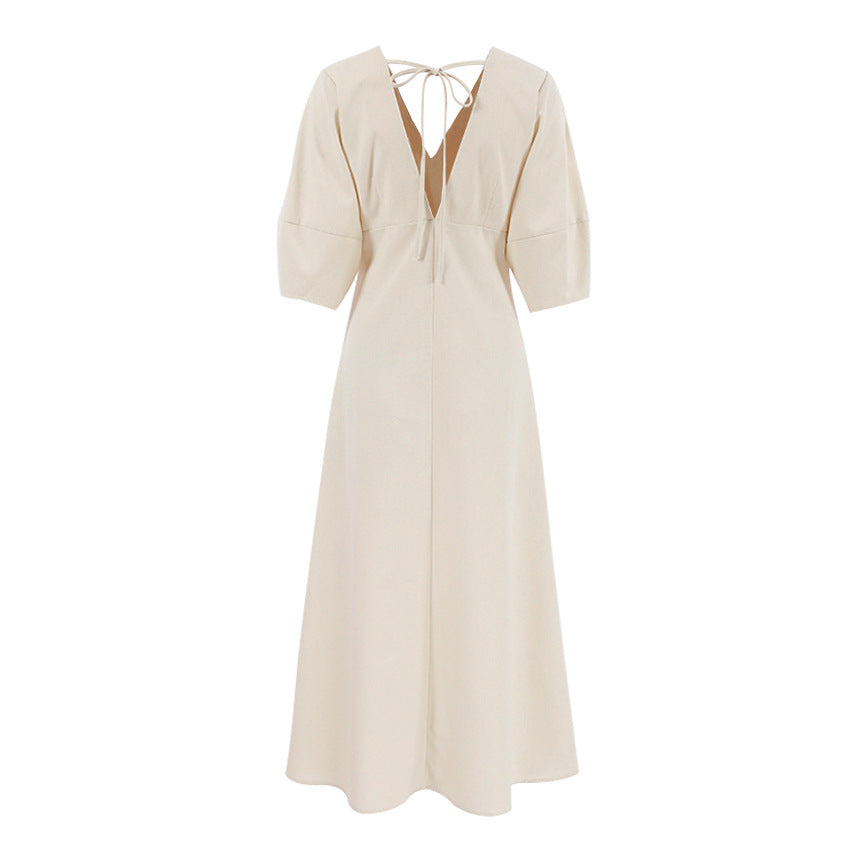 Linen V-Neck Button-Front Puff-Sleeve Midi Dress 12