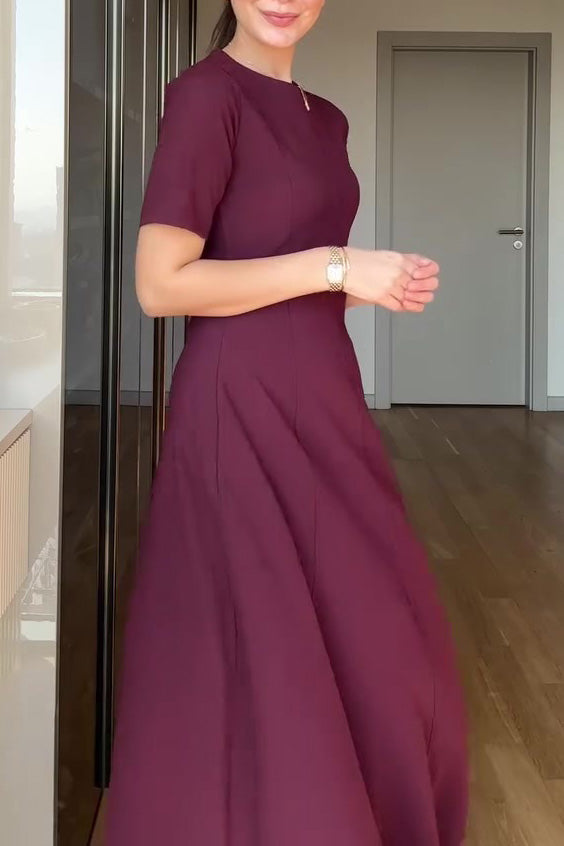 Temperament solid color waist loose hem midi dress