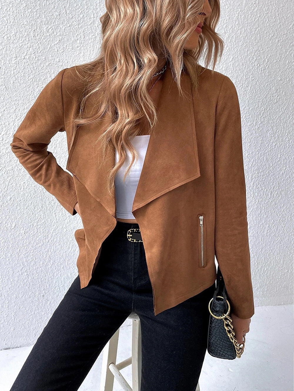 Chic Suede Collar Cropped Long Sleeve Jacket for Stylish Layers