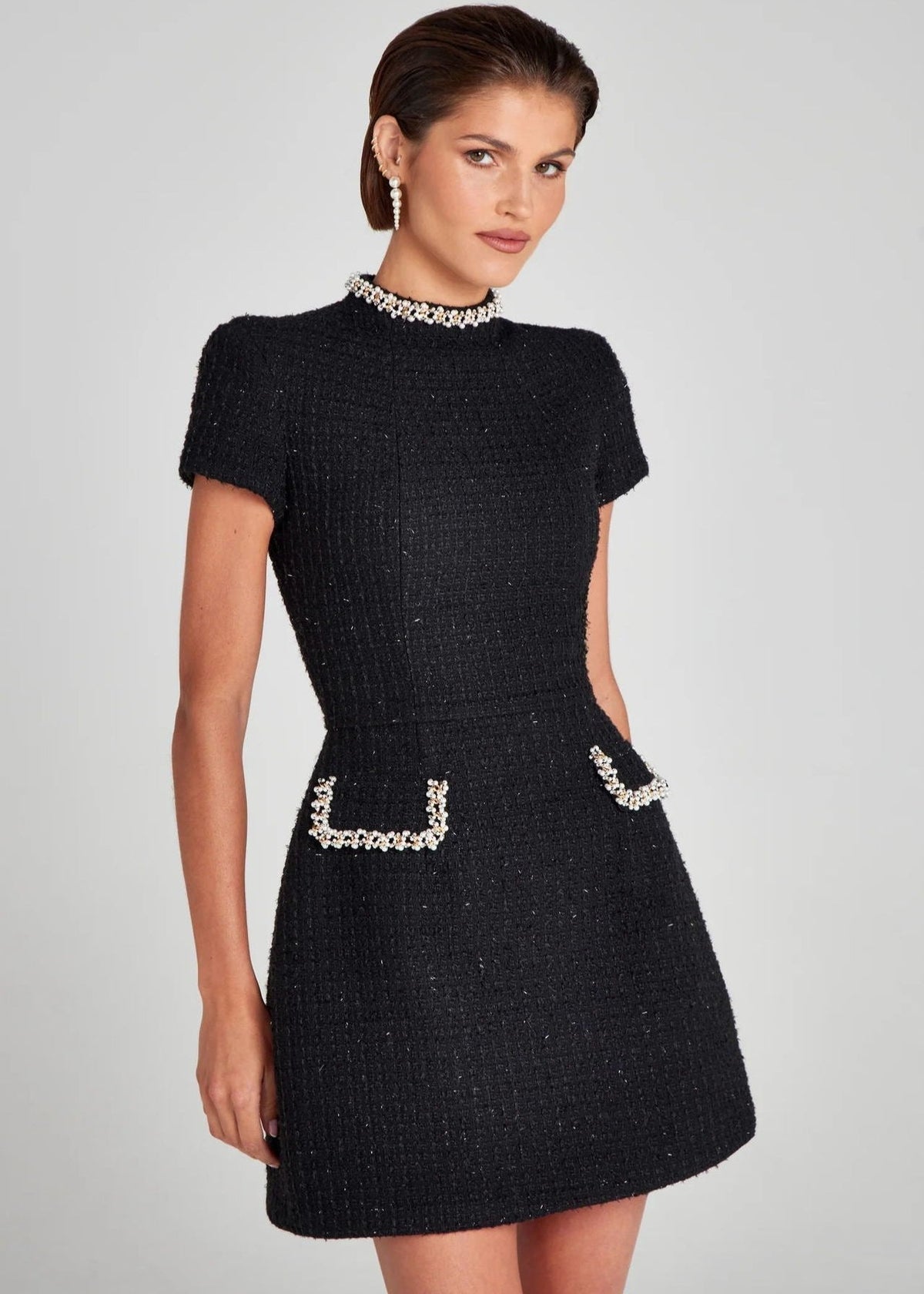 Pearl Crystal Trim Tweed Mock Neck Short Sleeve Mini Dress - View 4