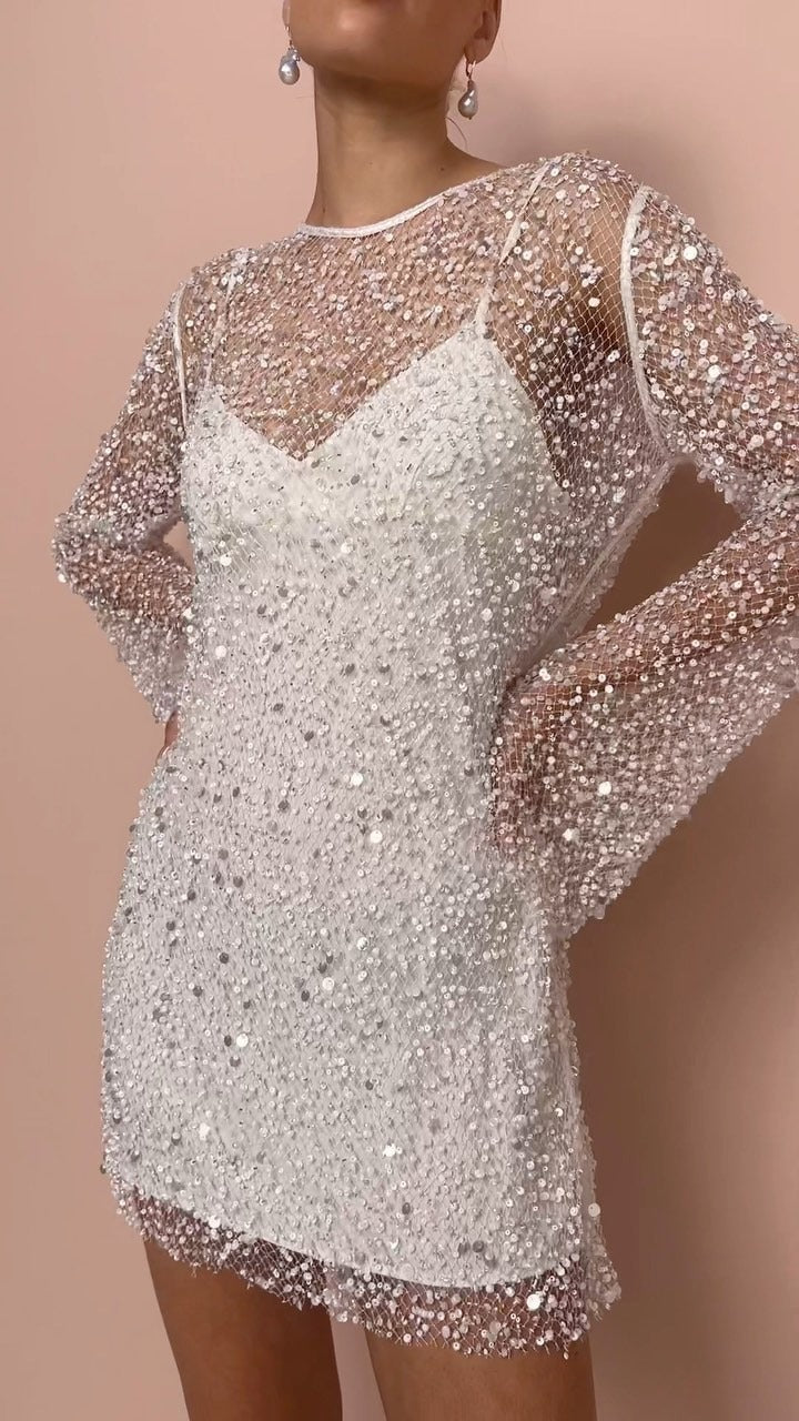 Sequin Beaded Mesh Overlay Long Sleeve Crew Neck Faux Mini Dress - View 5