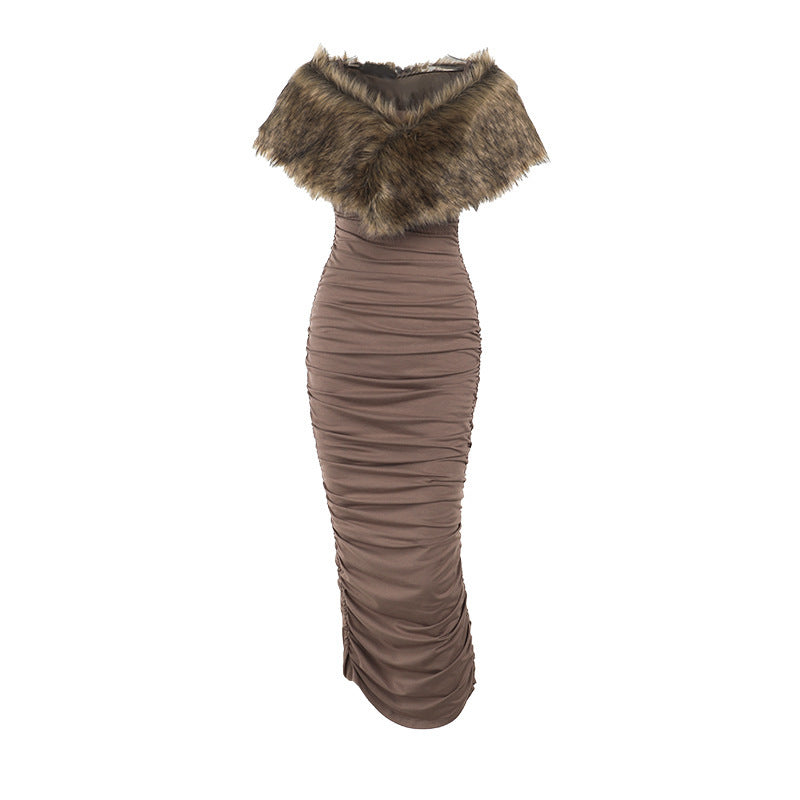 Faux-Fur Stole Off-Shoulder Ruched Bodycon Maxi Dress 9